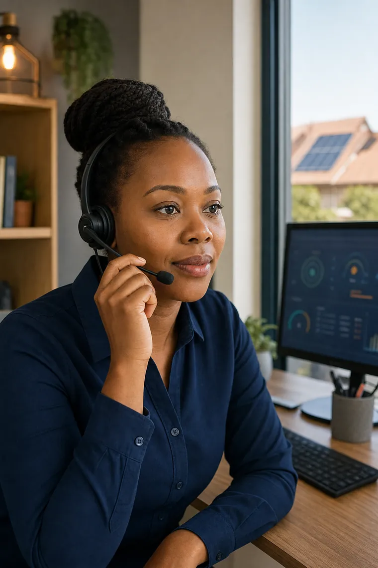 Customer-care specialist wearing a headset at a desk, with a rooftop solar installation visible through the window