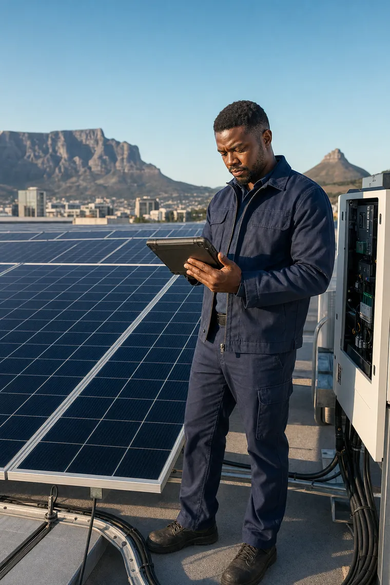 Solar technician reviewing readings on a tablet beside rooftop panels and an inverter