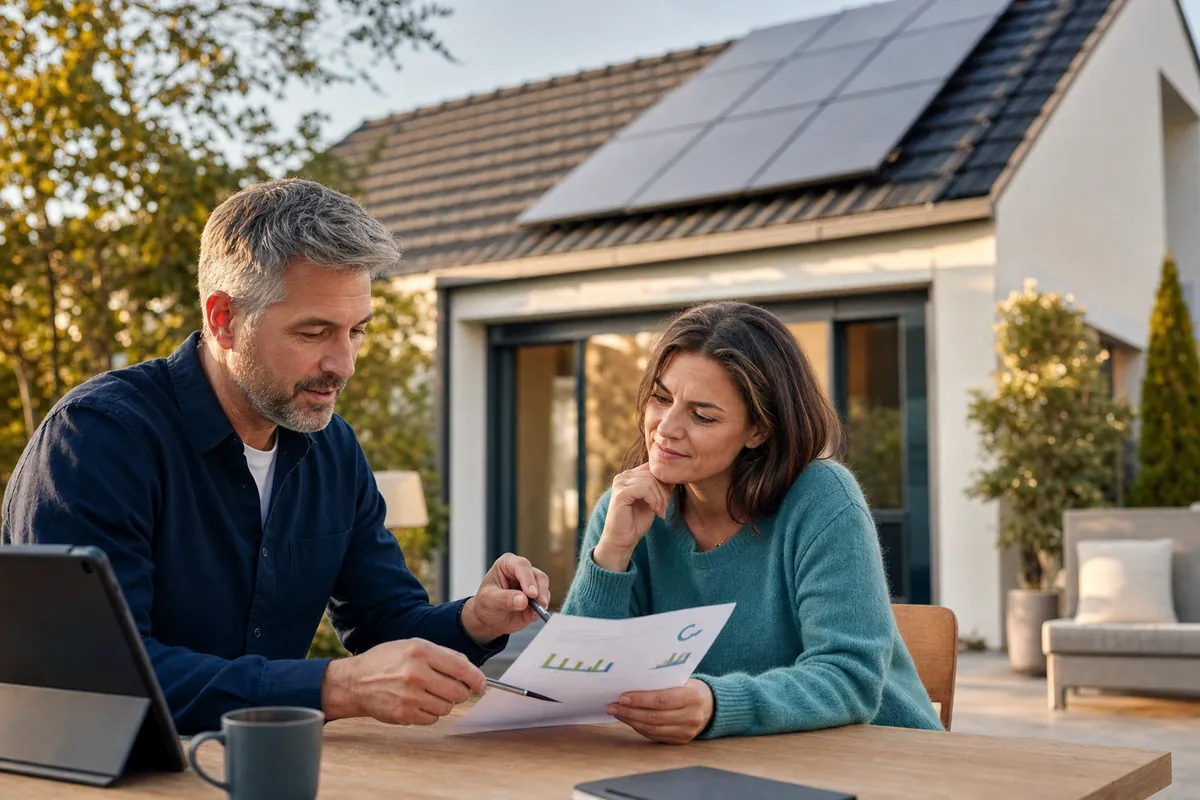 Service specialist walking a homeowner through a report at their kitchen table, with their solar roof behind them