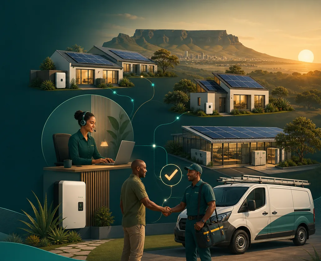 Illustration of solar service after installation: a care specialist at her desk, a technician greeting a customer beside a service van, and solar-equipped homes and businesses connected across the landscape
